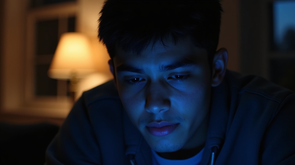 A concerned young adult indoors at night studies a phone screen, illuminated by warm and cool lighting that highlights their alert and thoughtful expression.