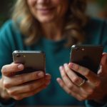 Close-up of a person in a home office using two smartphones, one displaying a verification code and the other showing a text notification, with warm and teal light highlighting the hands and devices.