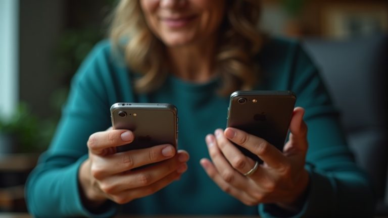 Close-up of a person in a home office using two smartphones, one displaying a verification code and the other showing a text notification, with warm and teal light highlighting the hands and devices.