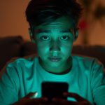 A young adult in a modern living room examines their smartphone, blue and green light reflecting on their face, highlighting curiosity about message colors.