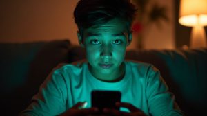A young adult in a modern living room examines their smartphone, blue and green light reflecting on their face, highlighting curiosity about message colors.