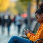 A young adult looks frustrated while using a smartphone on a bright city bench, surrounded by a lively, blurred urban scene.