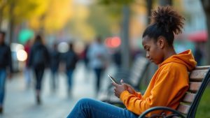 A young adult looks frustrated while using a smartphone on a bright city bench, surrounded by a lively, blurred urban scene.