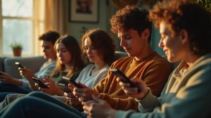 A diverse group of adults sitting together in a cozy, warmly lit living room, each engaged with their smartphones, highlighting real-life group communication.