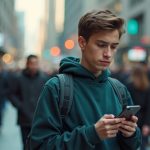 A young person focused on their phone amid a busy city street, pausing with a concerned look while crowds move around them, illustrating everyday texting frustrations.