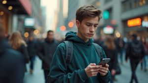 A young person focused on their phone amid a busy city street, pausing with a concerned look while crowds move around them, illustrating everyday texting frustrations.