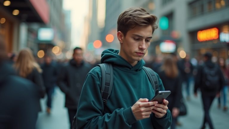 A young person focused on their phone amid a busy city street, pausing with a concerned look while crowds move around them, illustrating everyday texting frustrations.