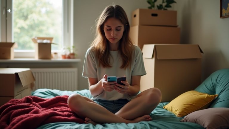 A young woman comparing two smartphones on a bed amid moving boxes, focused on transferring messages during a phone switch.