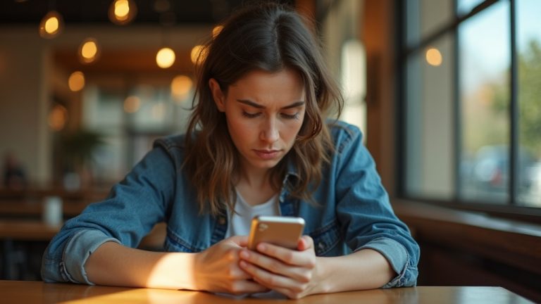 A young adult in a sunlit café intently focuses on their smartphone, appearing concerned while reviewing their messages.