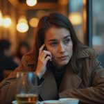 A person absorbed in texting on their phone at a lively café, warm afternoon light and reflections surrounding them, illustrating privacy in digital conversations.