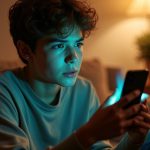 A young adult in a cozy living room looks thoughtfully at their smartphone, illuminated by teal screen light, reflecting mild frustration while troubleshooting a group text issue.