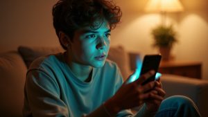 A young adult in a cozy living room looks thoughtfully at their smartphone, illuminated by teal screen light, reflecting mild frustration while troubleshooting a group text issue.