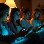 Friends in a cozy living room interact on their phones, reflecting a mix of engagement and mild social fatigue from group texting.