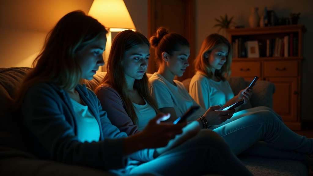 Friends in a cozy living room interact on their phones, reflecting a mix of engagement and mild social fatigue from group texting.