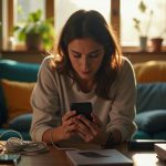 A person in a sunlit living room carefully handling two smartphones among phone boxes and charging cables while preparing to transfer text messages