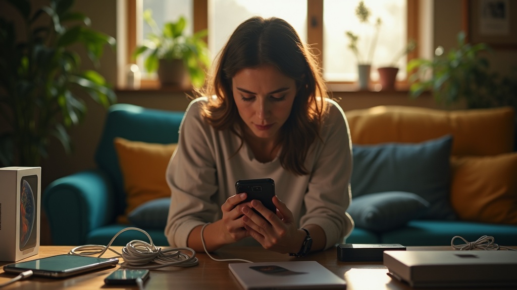 A person in a sunlit living room carefully handling two smartphones among phone boxes and charging cables while preparing to transfer text messages
