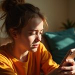 Young adult studying a smartphone in a sunlit living room, appearing puzzled while exploring message blocking options.