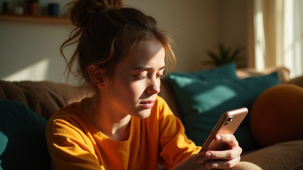 Young adult studying a smartphone in a sunlit living room, appearing puzzled while exploring message blocking options.