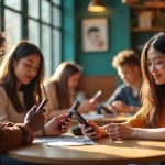 People in a sunlit café using phones in varied, personal ways to communicate, reflecting different messaging styles and preferences.