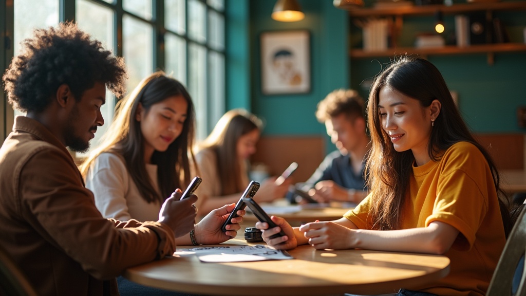 People in a sunlit café using phones in varied, personal ways to communicate, reflecting different messaging styles and preferences.