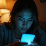A young adult surrounded by digital devices in a softly lit room, contemplating message app notifications amid layered lighting and ambiguous shadows.