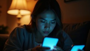 A young adult surrounded by digital devices in a softly lit room, contemplating message app notifications amid layered lighting and ambiguous shadows.