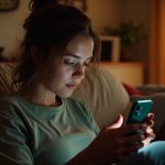 Young adult focused on their phone in a sunlit living room, preparing to text, highlighting the careful attention needed for digital privacy.