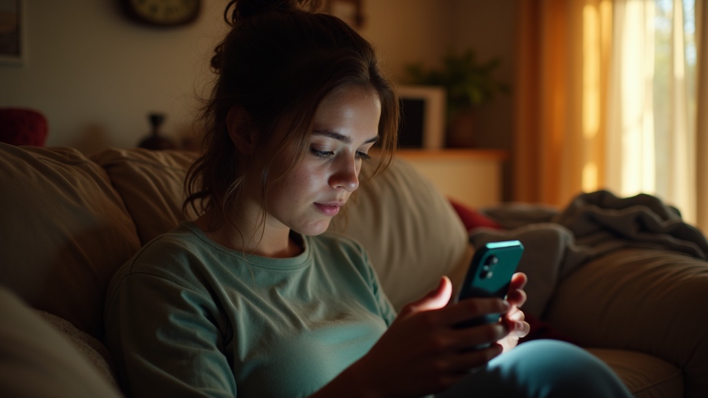 Young adult focused on their phone in a sunlit living room, preparing to text, highlighting the careful attention needed for digital privacy.