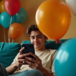 A young adult looks puzzled at their smartphone while sitting on a teal couch, with a deflated amber balloon hovering near the screen and colorful balloons in the background.