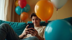 A young adult looks puzzled at their smartphone while sitting on a teal couch, with a deflated amber balloon hovering near the screen and colorful balloons in the background.