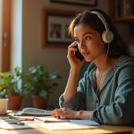 Customer support representative working from a warmly lit home office, focused and empathetic during a phone conversation amid a lived-in workspace.