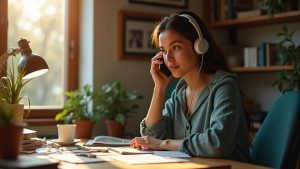 Customer support representative working from a warmly lit home office, focused and empathetic during a phone conversation amid a lived-in workspace.