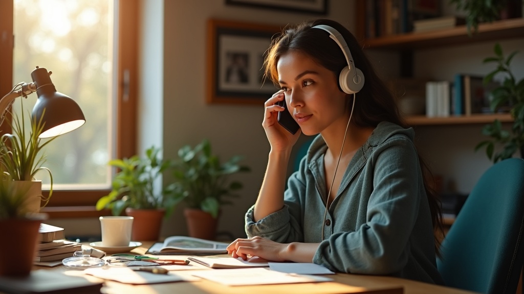 Customer support representative working from a warmly lit home office, focused and empathetic during a phone conversation amid a lived-in workspace.
