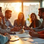 Small business team collaborating around a desk in afternoon light while discussing smartphone-based compliance tasks.