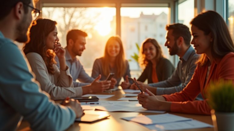 Small business team collaborating around a desk in afternoon light while discussing smartphone-based compliance tasks.