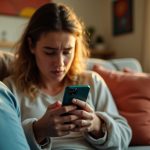 A young adult sits on a cozy couch in warm afternoon light, holding a smartphone and looking at the screen with curiosity and frustration as colorful notifications blur in the foreground.