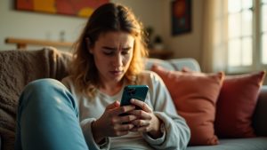 A young adult sits on a cozy couch in warm afternoon light, holding a smartphone and looking at the screen with curiosity and frustration as colorful notifications blur in the foreground.
