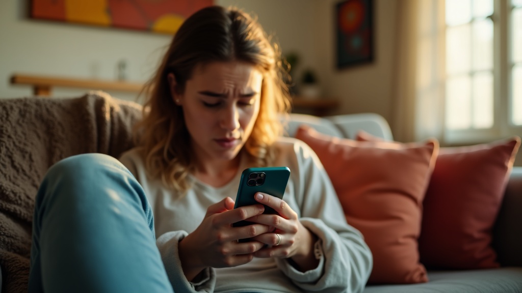 A young adult sits on a cozy couch in warm afternoon light, holding a smartphone and looking at the screen with curiosity and frustration as colorful notifications blur in the foreground.