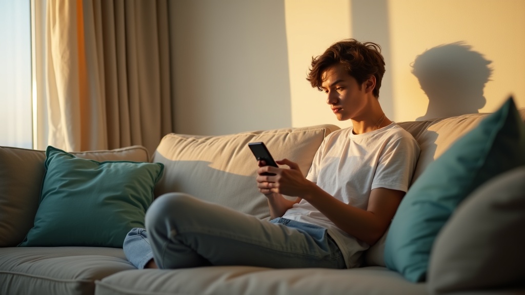 A young adult on a gray couch, focused on their smartphone, with warm sunlight and shadows highlighting an intimate moment of checking messages.