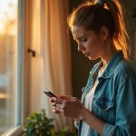 Person in their 30s reading their phone by a sunlit window, focused and slightly frustrated, with soft reflections suggesting spam messages.