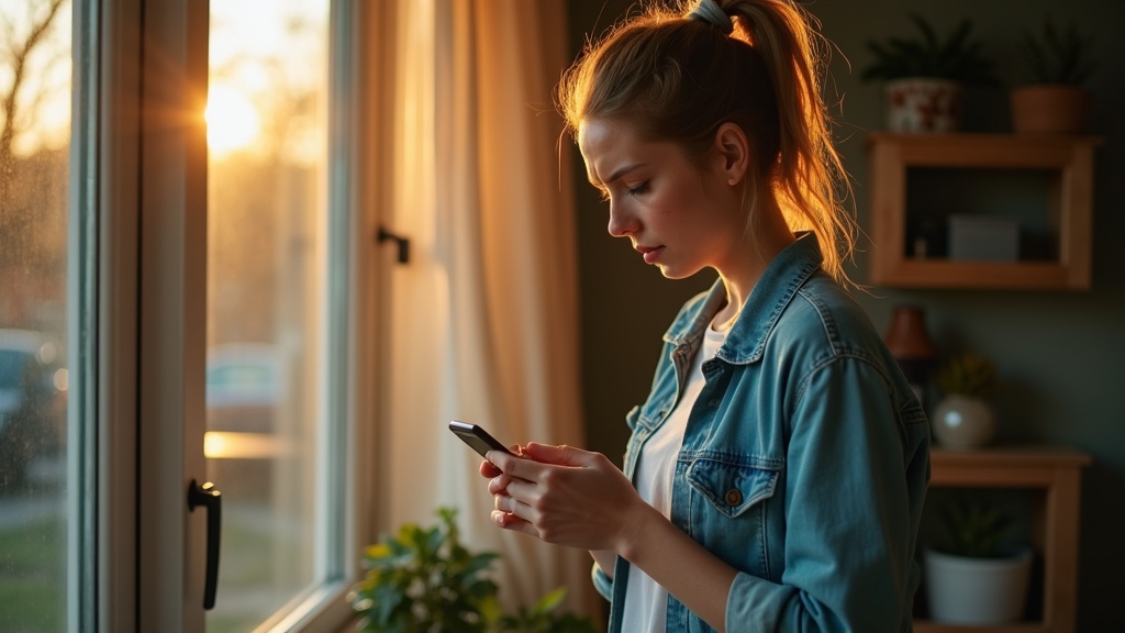 Person in their 30s reading their phone by a sunlit window, focused and slightly frustrated, with soft reflections suggesting spam messages.