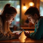 Two people in a cozy café with contrasting reactions as they check their phones, reflecting the uncertainty and curiosity about text message notifications.