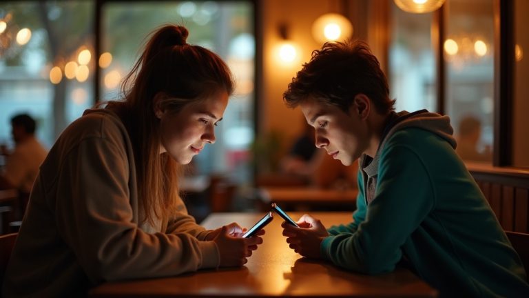 Two people in a cozy café with contrasting reactions as they check their phones, reflecting the uncertainty and curiosity about text message notifications.