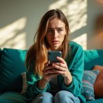Young adult on a teal couch intently checking their smartphone, appearing curious and slightly anxious in a warmly lit, cozy living room.