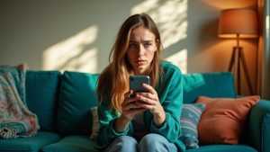 Young adult on a teal couch intently checking their smartphone, appearing curious and slightly anxious in a warmly lit, cozy living room.