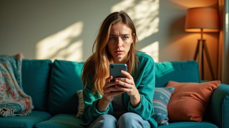 Young adult on a teal couch intently checking their smartphone, appearing curious and slightly anxious in a warmly lit, cozy living room.