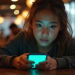 A young adult in a lively coffee shop looks at their phone with sudden realization, highlighting the exchange behind using free messaging services.