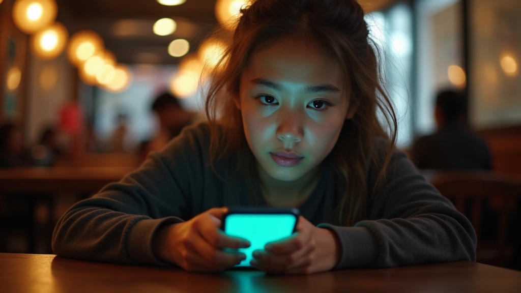 A young adult in a lively coffee shop looks at their phone with sudden realization, highlighting the exchange behind using free messaging services.