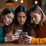 Three friends at a cafe focused on their smartphones, each reacting differently while trying to navigate group text messages among varying devices.