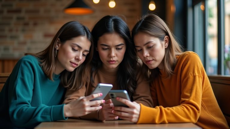 Three friends at a cafe focused on their smartphones, each reacting differently while trying to navigate group text messages among varying devices.